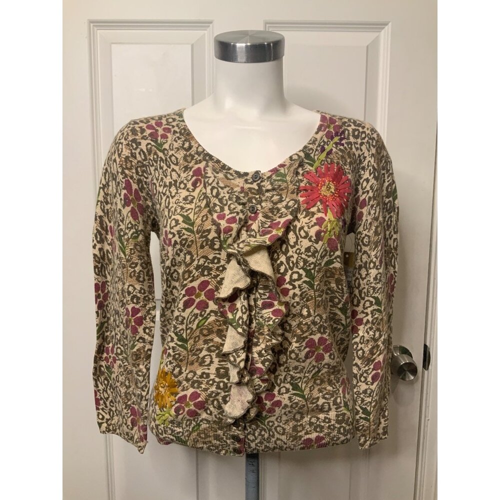 Sparrow Tan W/ Animal Print & Floral Embroidery Cardigan, Size XS